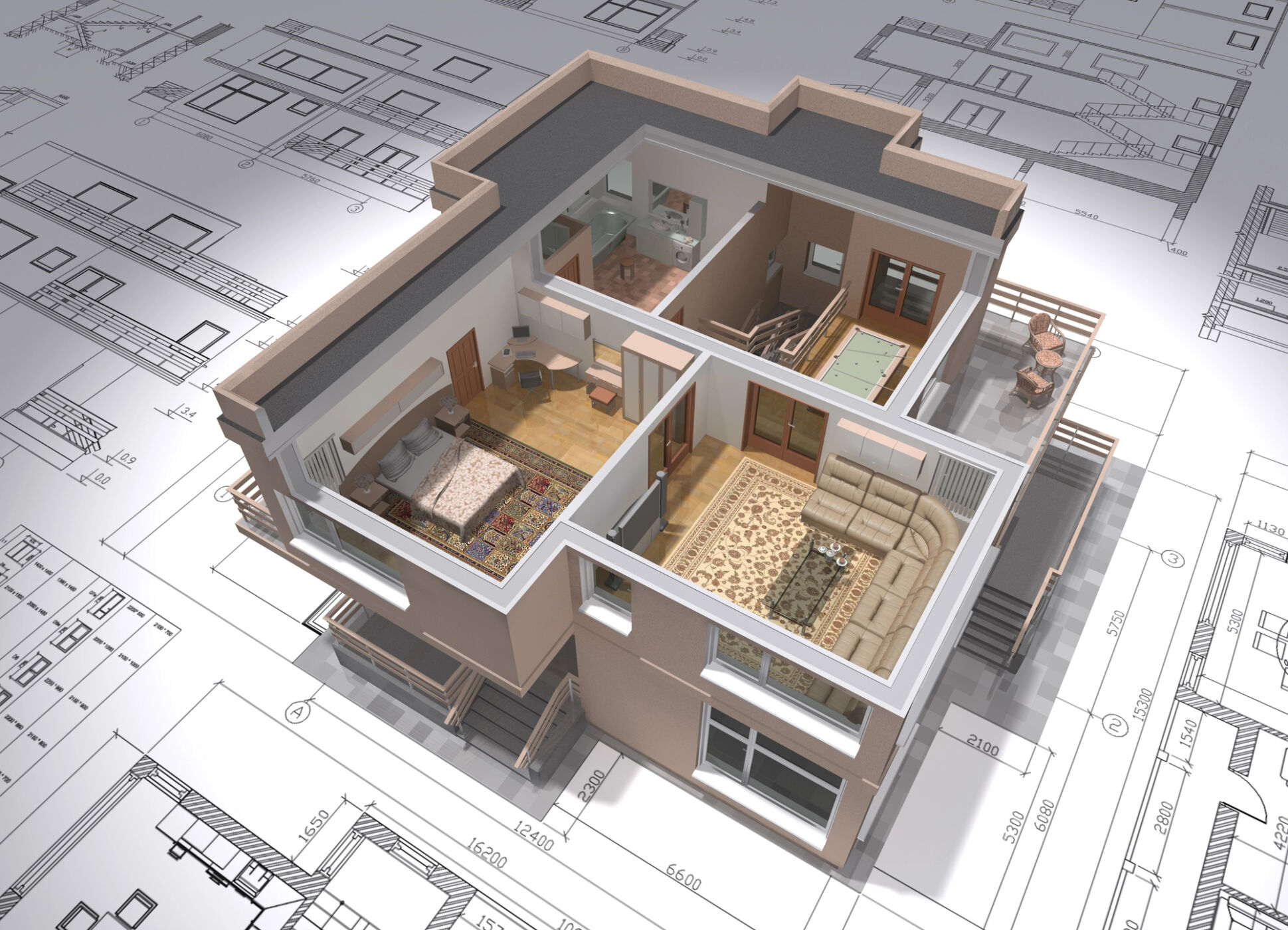 3D isometric view of the cut residential house on architect drawing. Building Design NC